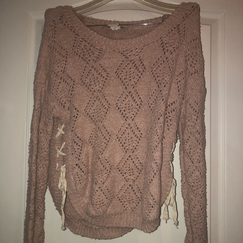 pink sweater w/ cream ties on the arms (worn once)